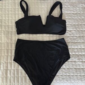 Aerie Black Bikini Set with Sports Bra Top and High-Waisted Bottom